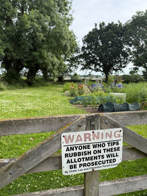 A close-up view of a weathered wooden gate with a white warning sign attached, situated in a lush, green outdoor area. The sign has bold red and black text that reads, 'WARNING: Anyone who tips rubbish on these allotments will be prosecuted,' and is issued by the Order Lea and Cleverson Parish Council. In the background, there are several raised garden beds with various plants and flowers, a collection of black compost bins, and a green plastic container. The area behind the gate extends into a grassy field dotted with small white clover flowers, bordered by mature trees and shrubbery under an overcast sky, illustrating an outdoor allotment or community garden. This scene emphasizes the importance of responsible waste disposal and the potential for private or independent rubbish clearance services, such as those offered by [COMPANY_NAME], in maintaining tidy and compliant communal green spaces.