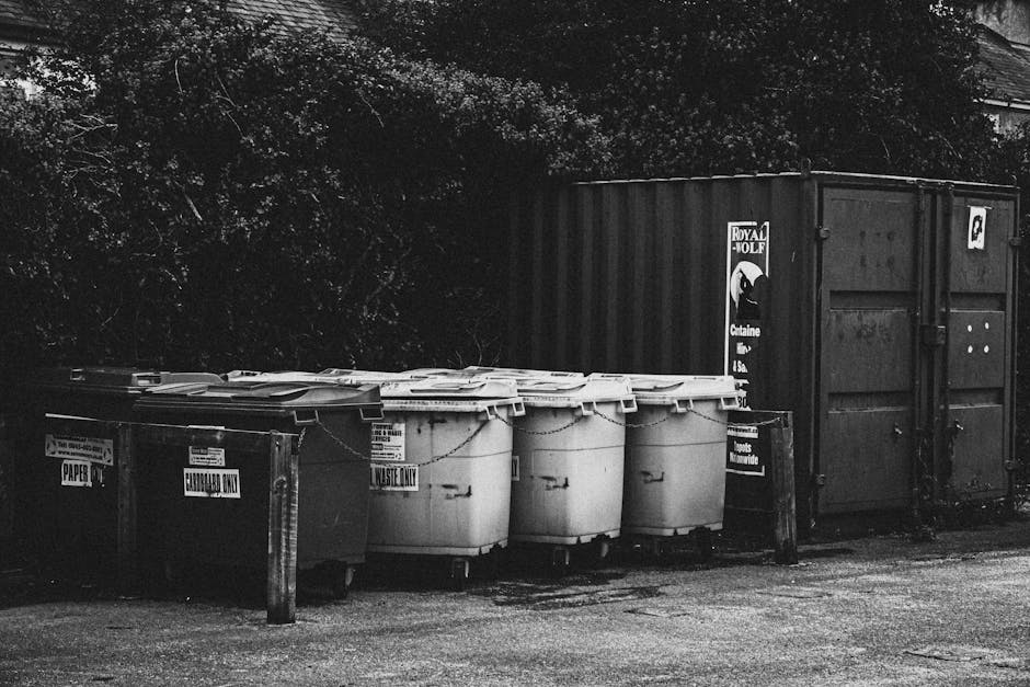 A row of four large plastic wheeled bins, positioned on a paved outdoor surface, with varying shades of light grey and white, and secure lids. Adjacent to the bins, a smaller black bin labeled 'E-WASTE ONLY' with a white sticker and instructions can be seen. Behind the bins, a dark metal shipping container with vertical corrugated panels and closed double doors is partially obscured by shadows. To the left, a wooden post with a sign indicating 'PAPER' and 'CARDBOARD ONLY' is erected on the ground. The background features dense, leafy foliage casting shadows over part of the scene, suggesting an outdoor storage or waste collection area typical for private rubbish disposal services. The overall environment appears utilitarian, in an area designated for waste management, supporting the context of independent collection or on-site clearance possibly handled by companies like rubbishclearancemerton.co.uk.